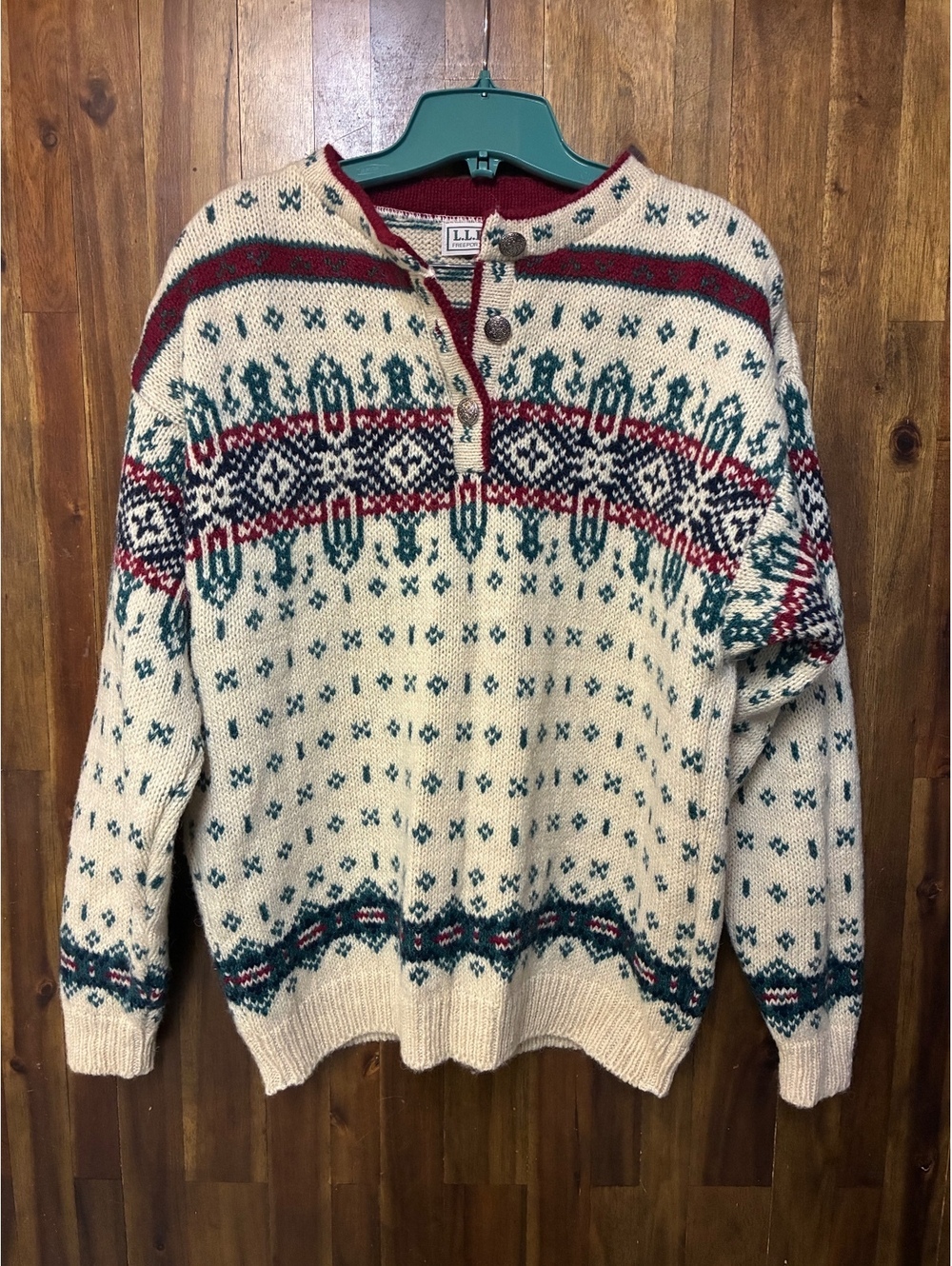 Vintage L.L. Bean Nordic Fair Isle Wool Sweater L 90s Grandpa Ski Coastal